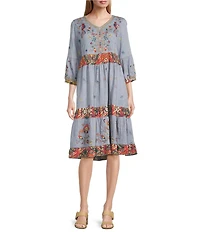 John Mark Floral Embroidered Woven V-Neck 3/4 Sleeves Tiered Hem A-Line Midi Dress