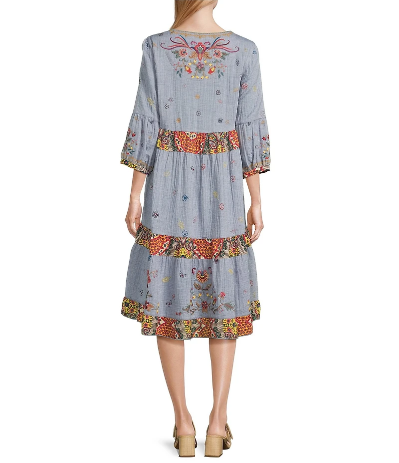 John Mark Floral Embroidered Woven V-Neck 3/4 Sleeves Tiered Hem A-Line Midi Dress