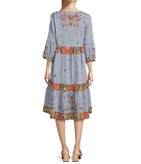 John Mark Floral Embroidered Woven V-Neck 3/4 Sleeves Tiered Hem A-Line Midi Dress