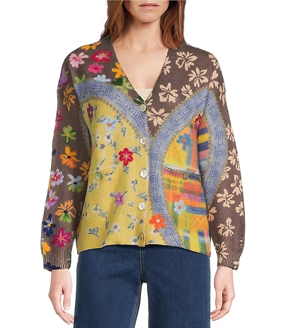John Mark Floral Multi Print Knit Y-Neck Long Sleeve Button Front Cardigan