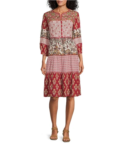 John Mark Floral Patchwork Embroidered Split Neck 3/4 Sleeve A-Line Midi Dress