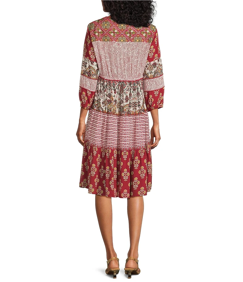 John Mark Floral Patchwork Embroidered Split Neck 3/4 Sleeve A-Line Midi Dress