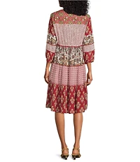 John Mark Floral Patchwork Embroidered Split Neck 3/4 Sleeve A-Line Midi Dress