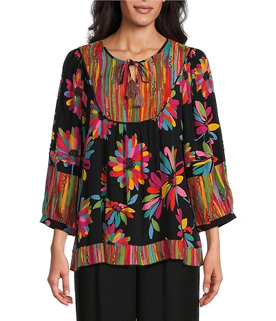 John Mark Floral Print Split-V Neck 3/4 Sleeve Top