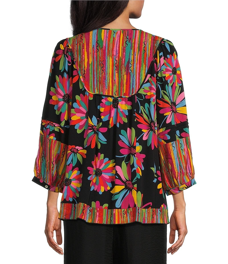 John Mark Floral Print Split-V Neck 3/4 Sleeve Top