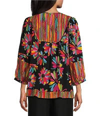 John Mark Floral Print Split-V Neck 3/4 Sleeve Top