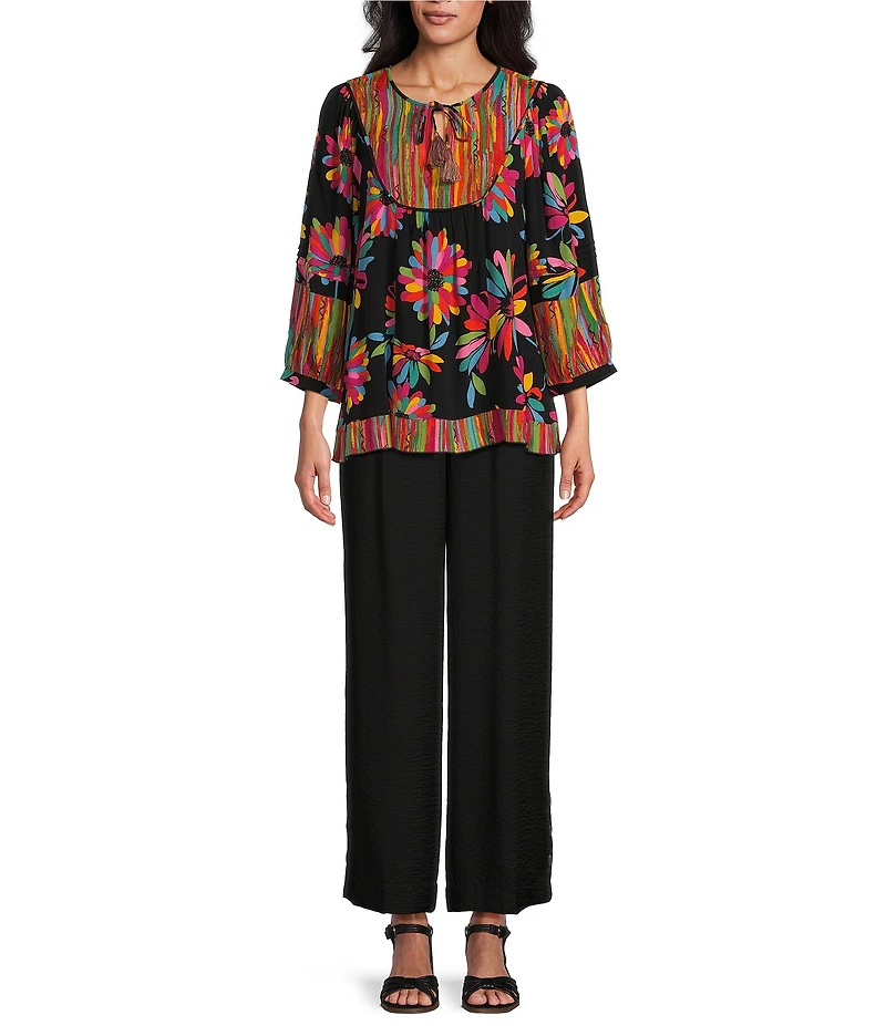 John Mark Floral Print Split-V Neck 3/4 Sleeve Top