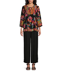 John Mark Floral Print Split-V Neck 3/4 Sleeve Top