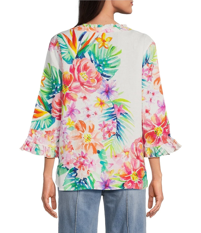 John Mark Floral Printed Split-V Neck 3/4 Ruffle Sleeve Top