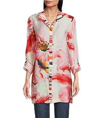 John Mark Floral Wire Collar Long Roll-Tab Sleeve Hi-Low Hem Button-Front Tunic