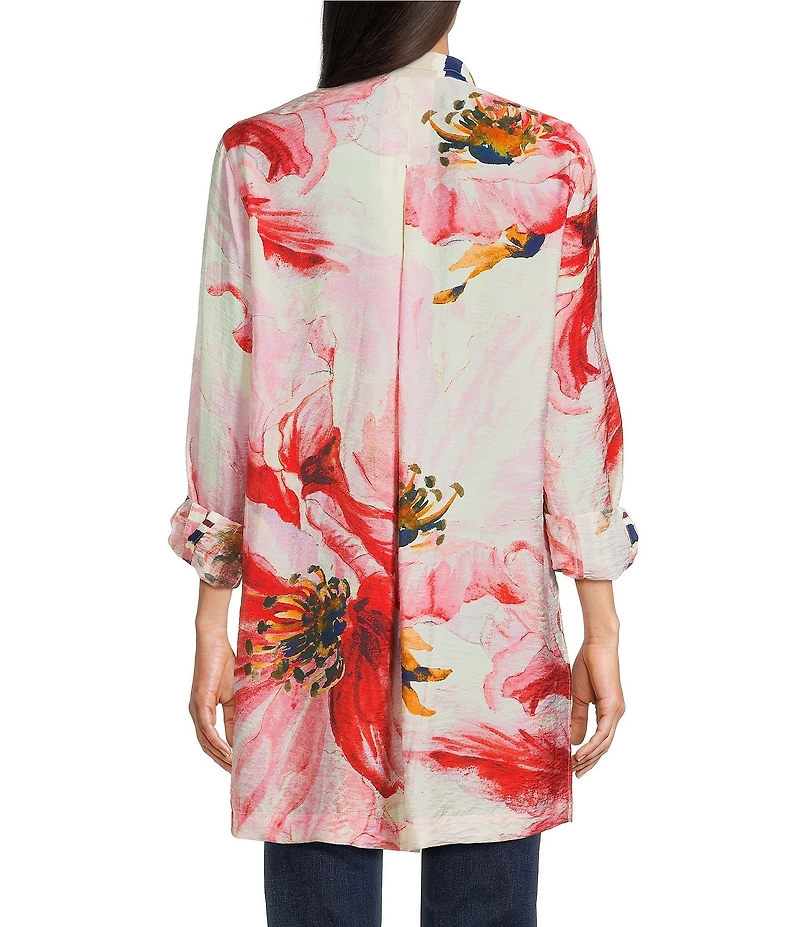 John Mark Floral Wire Collar Long Roll-Tab Sleeve Hi-Low Hem Button-Front Tunic