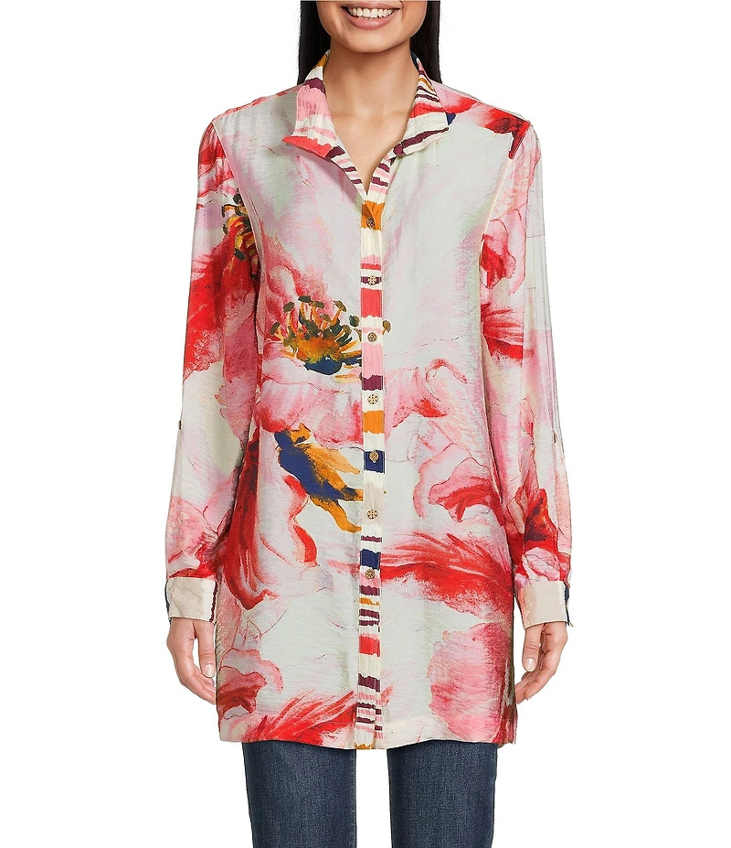 John Mark Floral Wire Collar Long Roll-Tab Sleeve Hi-Low Hem Button-Front Tunic