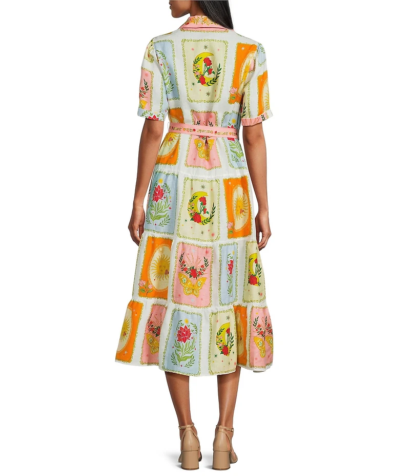 John Mark Floral Woven Patchwork Point Collar Short Sleeve Belted A-Line Midi Dress
