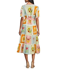 John Mark Floral Woven Patchwork Point Collar Short Sleeve Belted A-Line Midi Dress