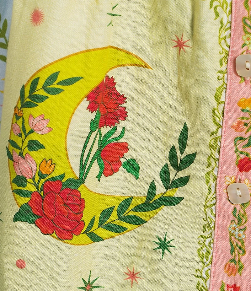 John Mark Floral Woven Patchwork Point Collar Short Sleeve Belted A-Line Midi Dress