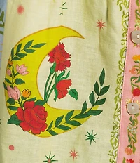 John Mark Floral Woven Patchwork Point Collar Short Sleeve Belted A-Line Midi Dress