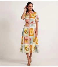John Mark Floral Woven Patchwork Point Collar Short Sleeve Belted A-Line Midi Dress