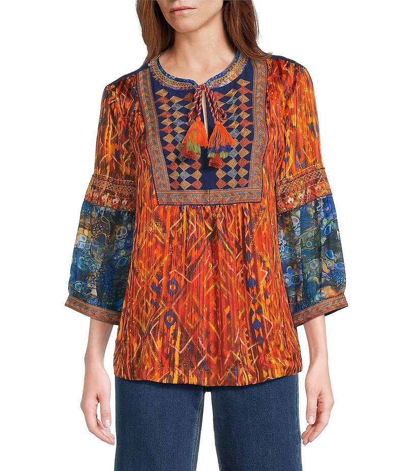 John Mark Geometric Boho Spice Marble Print Embroidered Tasseled Tie Split Neck 3/4 Sleeve Pheasant Blouse