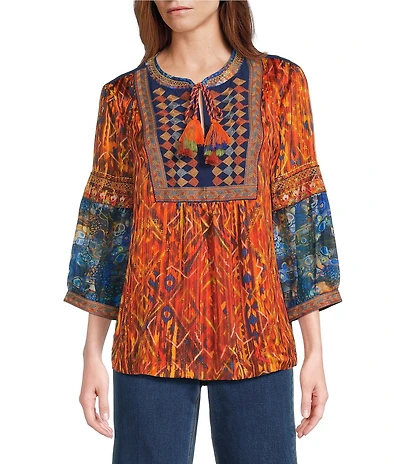 John Mark Geometric Boho Spice Marble Print Embroidered Tasseled Tie Split Neck 3/4 Sleeve Pheasant Blouse
