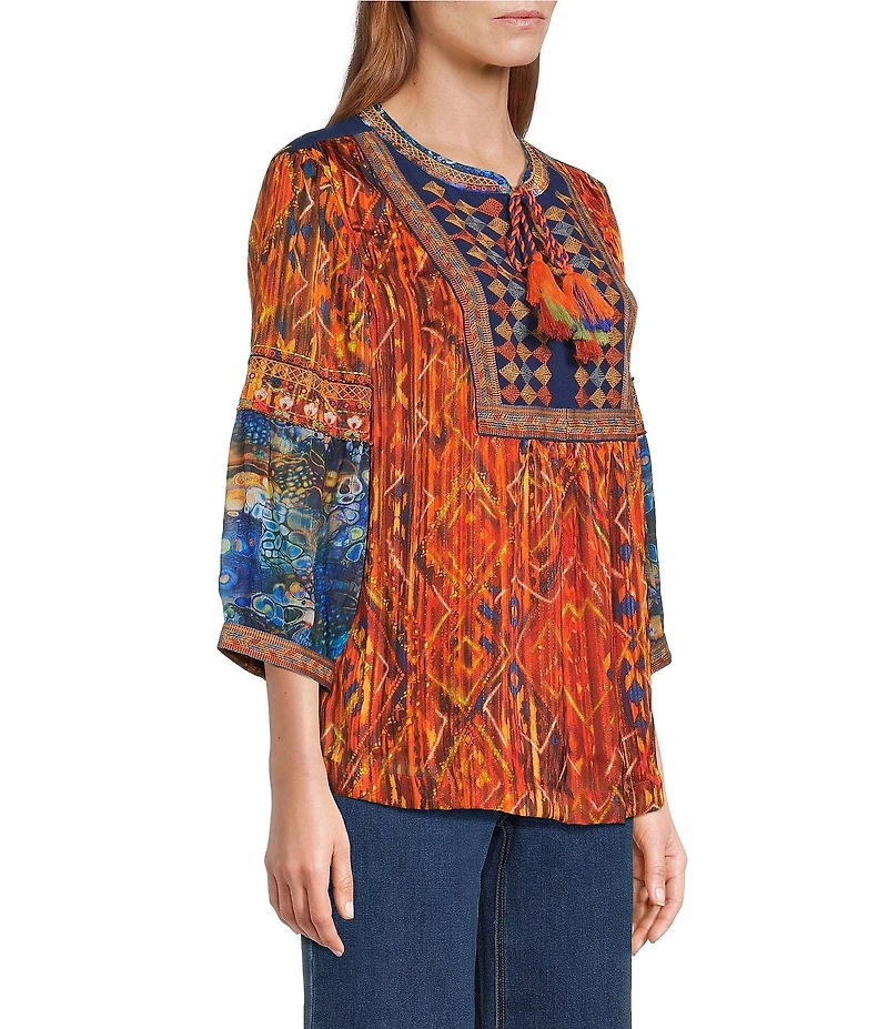 John Mark Geometric Boho Spice Marble Print Embroidered Tasseled Tie Split Neck 3/4 Sleeve Pheasant Blouse