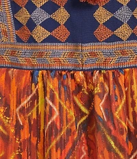 John Mark Geometric Boho Spice Marble Print Embroidered Tasseled Tie Split Neck 3/4 Sleeve Pheasant Blouse