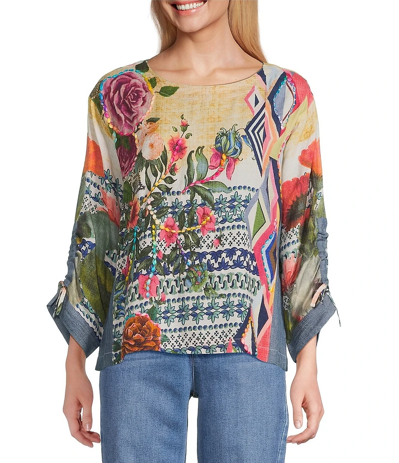 John Mark Geometric Floral Border Print Scoop Neck 3/4 Cinched Tie Sleeve Tunic