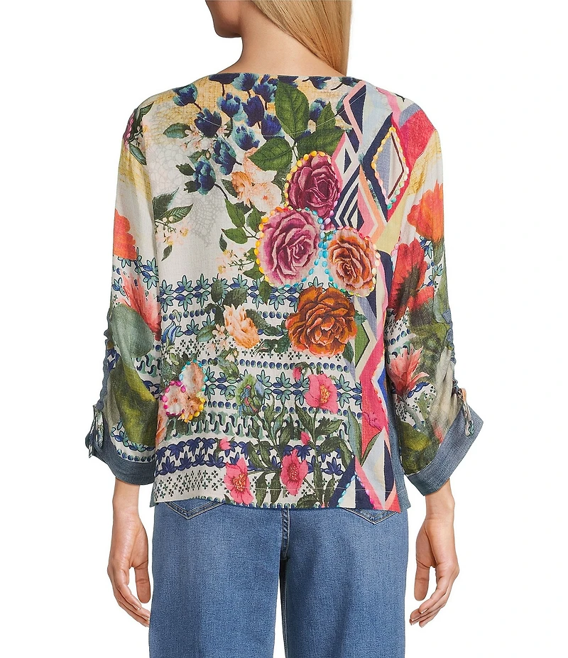 John Mark Geometric Floral Border Print Scoop Neck 3/4 Cinched Tie Sleeve Tunic