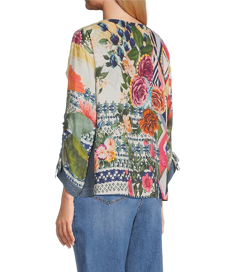 John Mark Geometric Floral Border Print Scoop Neck 3/4 Cinched Tie Sleeve Tunic