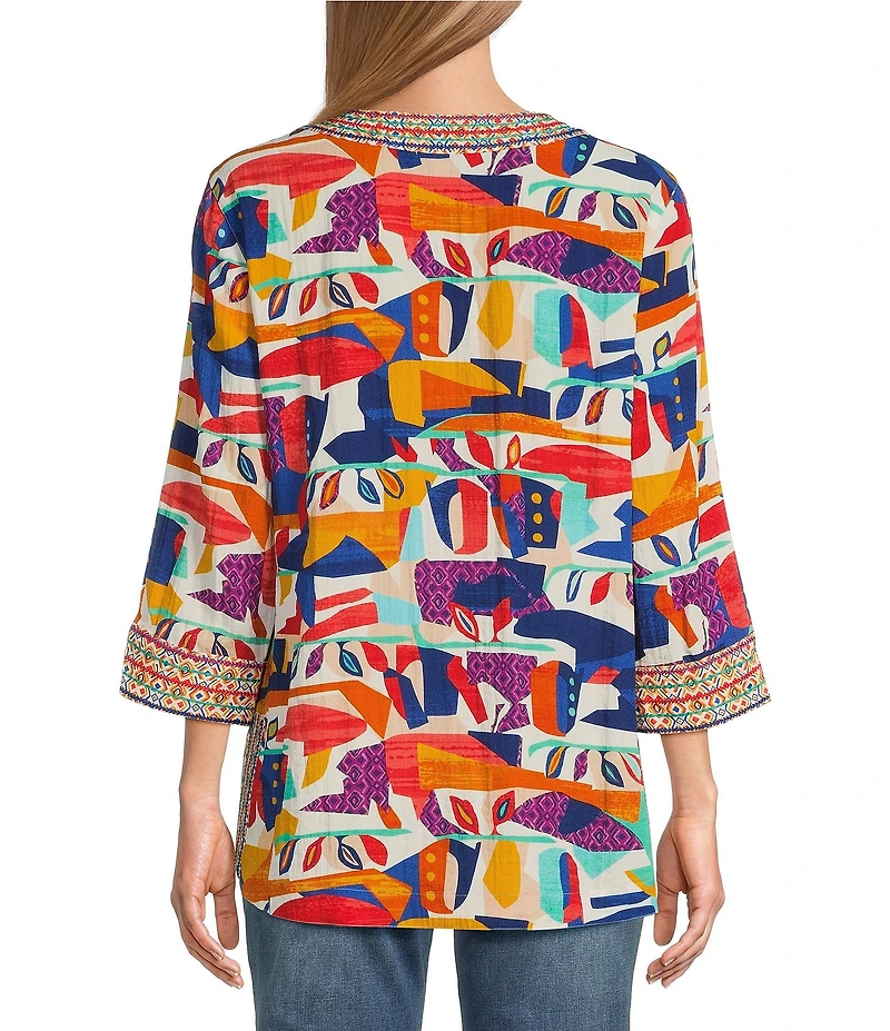 John Mark Geometric Abstract Print Embroidered Split V-Neck 3/4 Sleeve Tunic