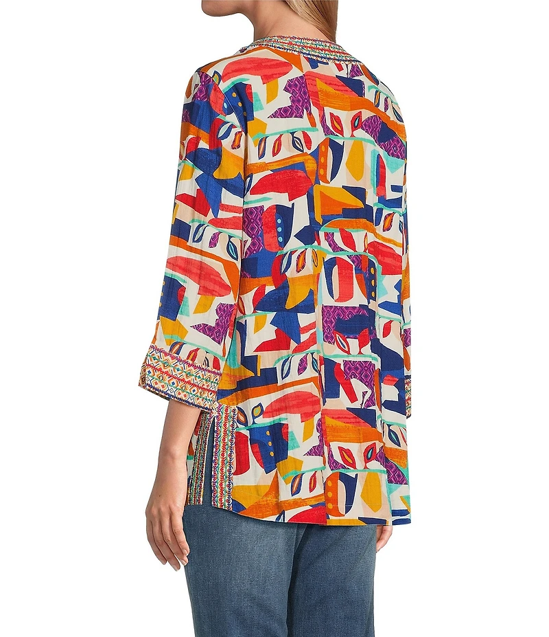 John Mark Geometric Abstract Print Embroidered Split V-Neck 3/4 Sleeve Tunic