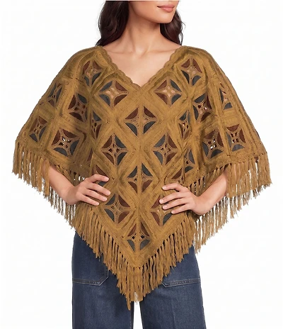 John Mark Knit Crochet Diamond Window Pane V-Neck Poncho