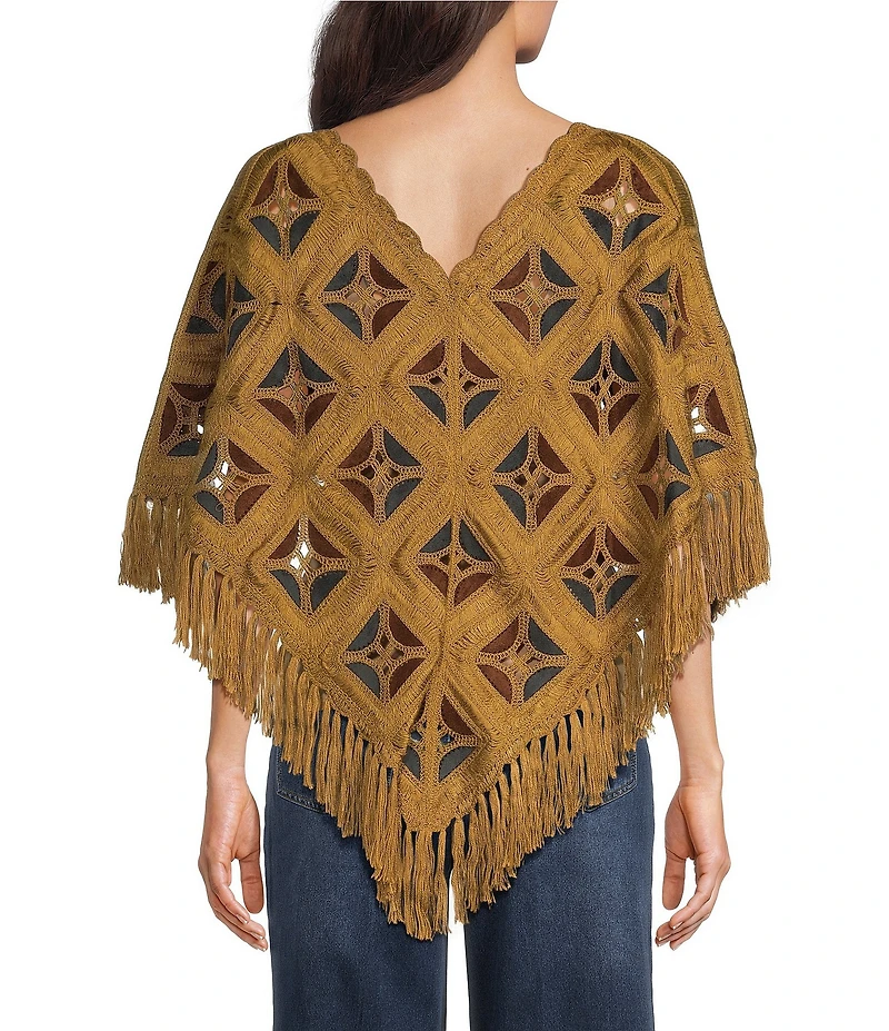 John Mark Knit Crochet Diamond Window Pane V-Neck Poncho