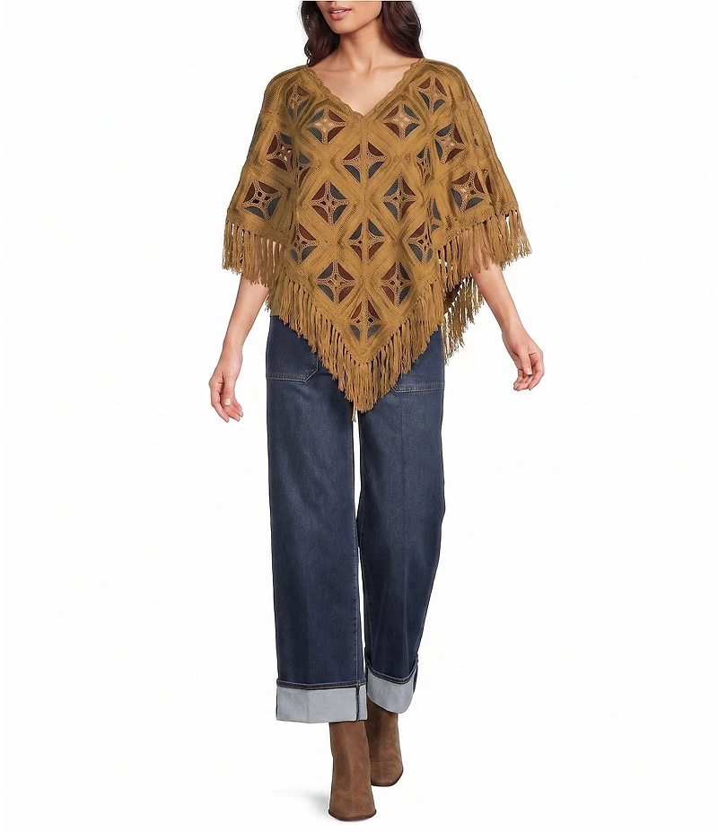 John Mark Knit Crochet Diamond Window Pane V-Neck Poncho