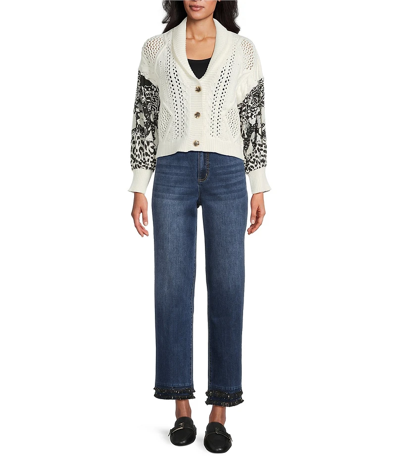 John Mark Knit Patchwork Print Shawl Collar Embroidered Long Sleeve Button Front Cardigan