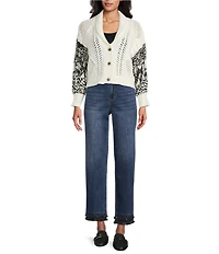 John Mark Knit Patchwork Print Shawl Collar Embroidered Long Sleeve Button Front Cardigan