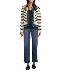 John Mark Knit Stripe Floral Embroidered Denim Trimmed Point Collar Long Sleeve Button Front Jacket