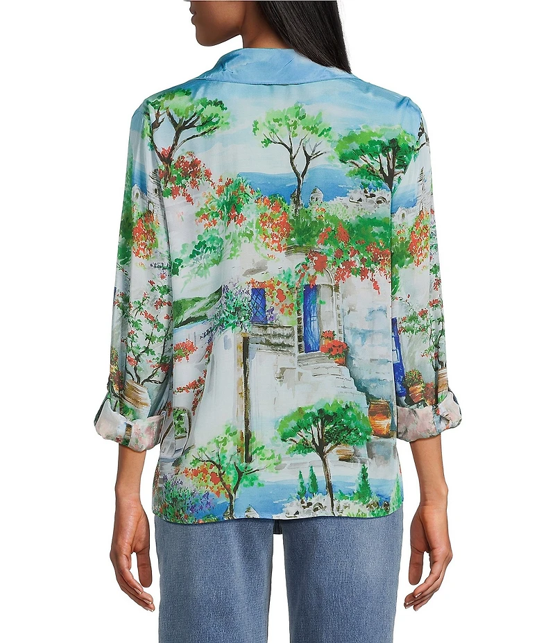John Mark Landscape Print Point Collar 3/4 Roll-Tab Sleeve Button Front Shirt
