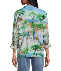 John Mark Landscape Print Point Collar 3/4 Roll-Tab Sleeve Button Front Shirt