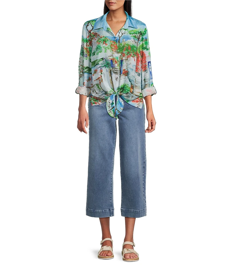 John Mark Landscape Print Point Collar 3/4 Roll-Tab Sleeve Button Front Shirt