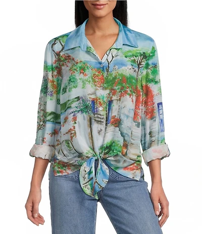 John Mark Landscape Print Point Collar 3/4 Roll-Tab Sleeve Button Front Shirt