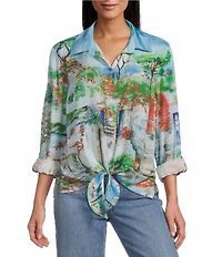 John Mark Landscape Print Point Collar 3/4 Roll-Tab Sleeve Button Front Shirt