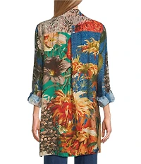 John Mark Large Multi Floral Print Point Collar Long Sleeve Roll Tab Button Up Tunic