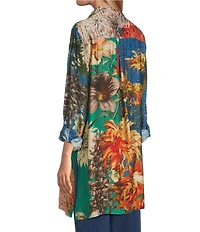 John Mark Large Multi Floral Print Point Collar Long Sleeve Roll Tab Button Up Tunic
