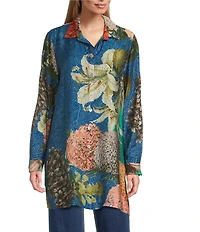 John Mark Large Multi Floral Print Point Collar Long Sleeve Roll Tab Button Up Tunic