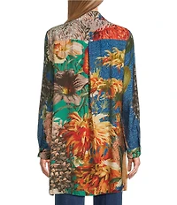 John Mark Large Multi Floral Print Point Collar Long Sleeve Roll Tab Button Up Tunic