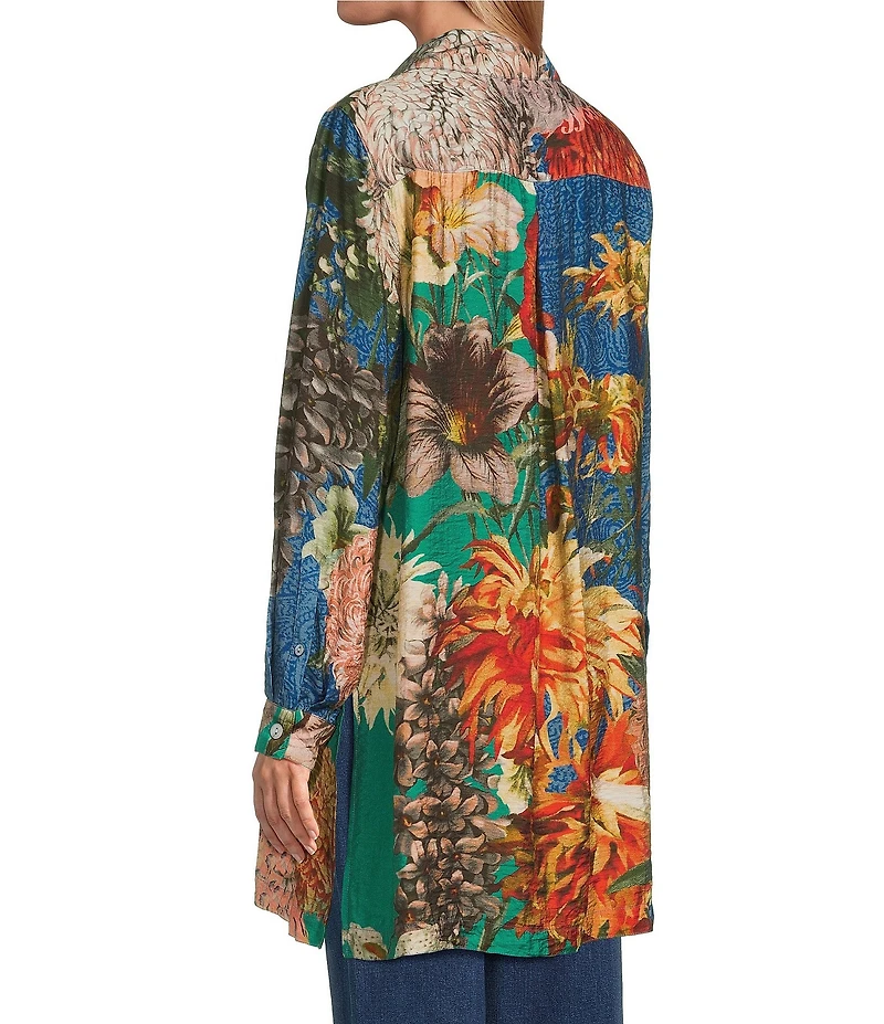John Mark Large Multi Floral Print Point Collar Long Sleeve Roll Tab Button Up Tunic