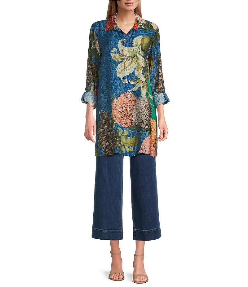 John Mark Large Multi Floral Print Point Collar Long Sleeve Roll Tab Button Up Tunic