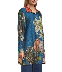 John Mark Large Multi Floral Print Point Collar Long Sleeve Roll Tab Button Up Tunic