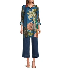 John Mark Large Multi Floral Print Point Collar Long Sleeve Roll Tab Button Up Tunic