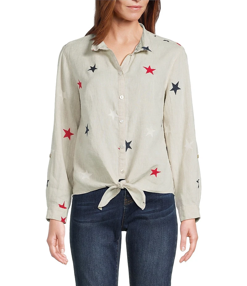 John Mark Linen Allover Embroidered Stars Wire Collar Long Roll-Tab Sleeve Button Front Tie Blouse